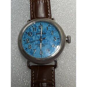 Shinola Runwell Blue Marble Dial Leather Strap Analog Watch Precision Timekeepin